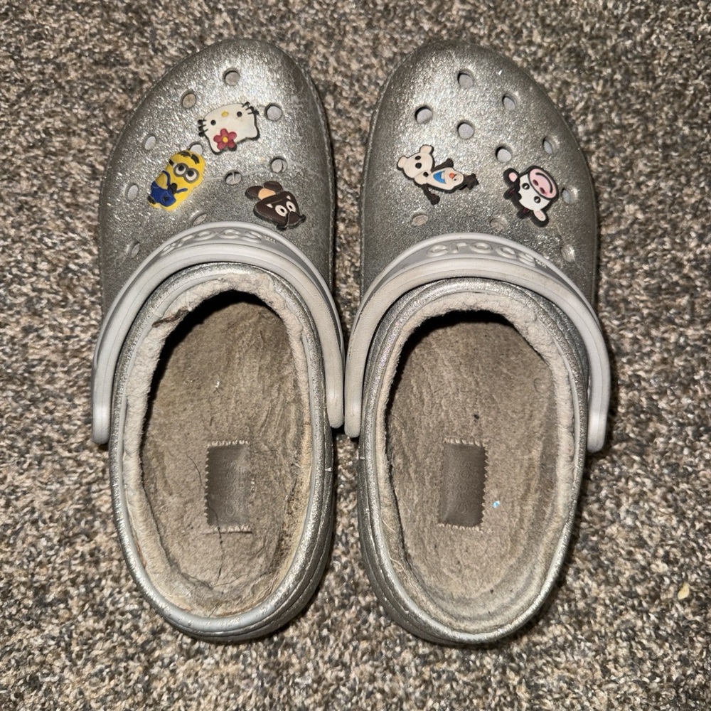 CROCS Metallic Gray Clogs with Cute Characters
